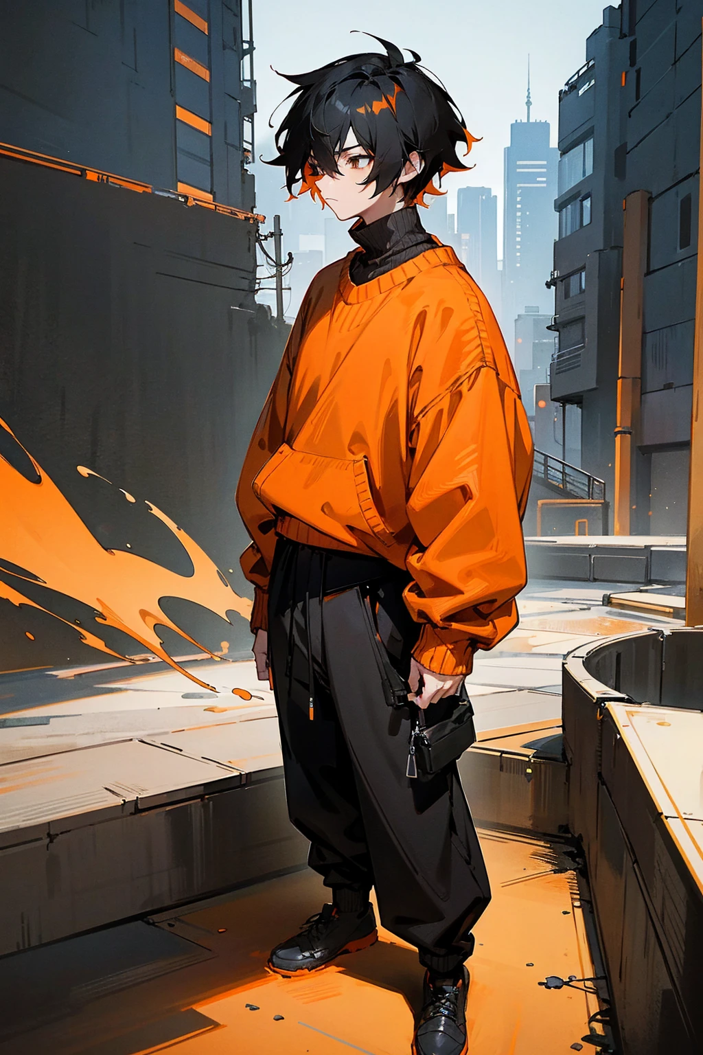 1male, black hair, orange two toned hair, messy hair, short hair, oversized orange sweater, black pants, stylized, modern clothing, city background, detailed background, standing on path, hands to side, expressionless