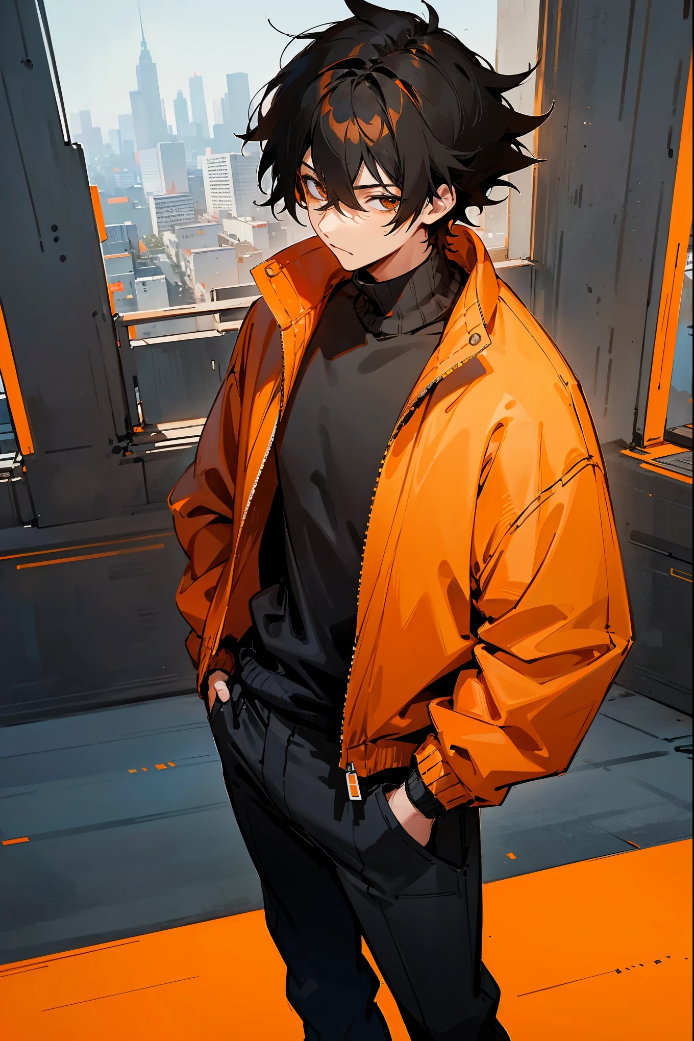 1male, black hair, orange two toned hair, messy hair, short hair, oversized orange sweater, black pants, stylized, modern clothing, city background, detailed background, standing on path, hands to side, expressionless