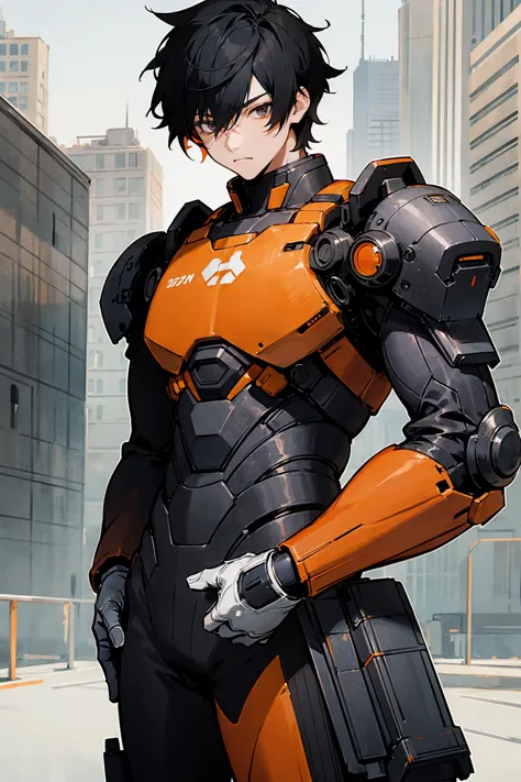 1male, black hair, orange two toned hair, messy hair, short hair, black and white combat suit, city background, detailed backgro...