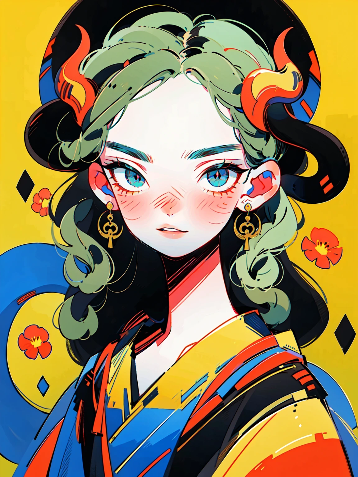 4lb1n0, 1girl, dark green hair, Big eyes, Flower pattern on eyes, Pupil shape, glowing amber eyes, serpent earrings, mystical cloak, glossy dark green lips, portrait with a sly grin, forbidden forest background, masterpiece, best quality, cut3h0rnstyl3, looking down, horns, (Serpent Demon)

