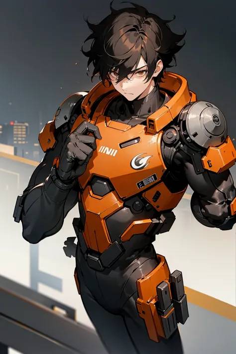 1male, black hair, orange two toned hair, messy hair, short hair, black and white full combat suit, city background, detailed ba...