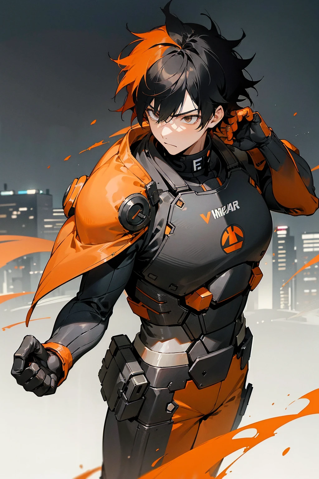 1male, black hair, orange two toned hair, messy hair, short hair, black and white full combat suit, city background, detailed background, standing on path, hands to side, expressionless