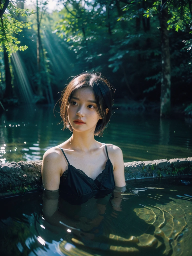 Best quality, masterpiece, ultra high res, (photorealistic:1.5), full body shot from a danish young pretty woman in the ruins of an old house submerged in water in the middle of the forest, she is submerged with water, dark forest atmosphere, nature, dynamic deep shadow, low key, sunlight exposure on the face, candid pose, short hair, (masterpiece:1.2), textured skin, motion blur effect, best quality, 8k, dark moody, realism, zenit analog camera shot, aesthetic art photorealistic, trending photo shot in 2024