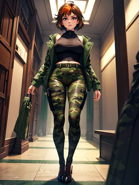 merula, full body, thighs, high heels, solo girl, medium tits, military camouflage pants