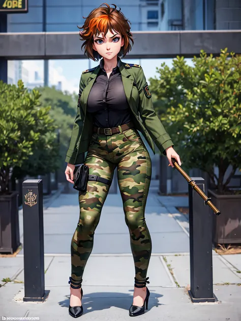 merula, full body, thighs, high heels, solo girl, medium tits, military camouflage pants