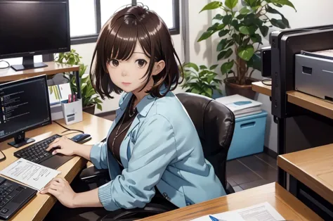 Office lady operating a computer at her desk、One Girl,  Serious Cover、Brown short bob、