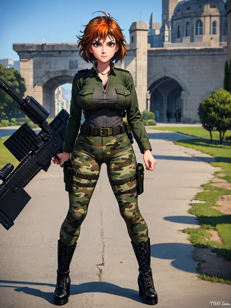 merula, full body, thighs, boots high heels, solo girl, medium tits, military camouflage pants