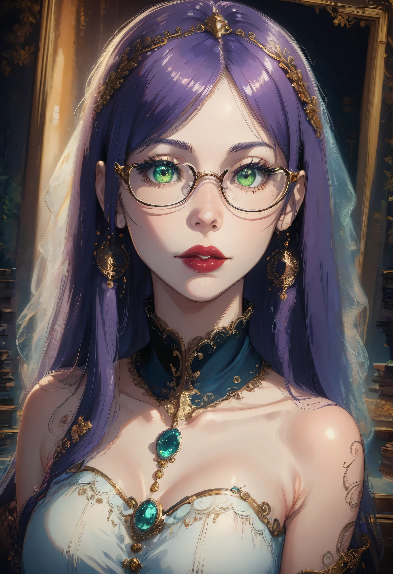 score_9, score_8_up, score_8,,, (masterpiece, best quality, 1girl, solo, intricate details, chromatic aberration), realistic, long hair, purple hair, purple head ornament, purple highlights, realistic,( photo-realistic), ultra hireasterpiece, official art, beautiful, detailed face, green eyes, purple full flush hair, glasses, long eyelashes, delicated eyebrows, beautiful red lips, high detailed eyes,High detailed , hips up shot, wearing black lace blouse with blue buttons