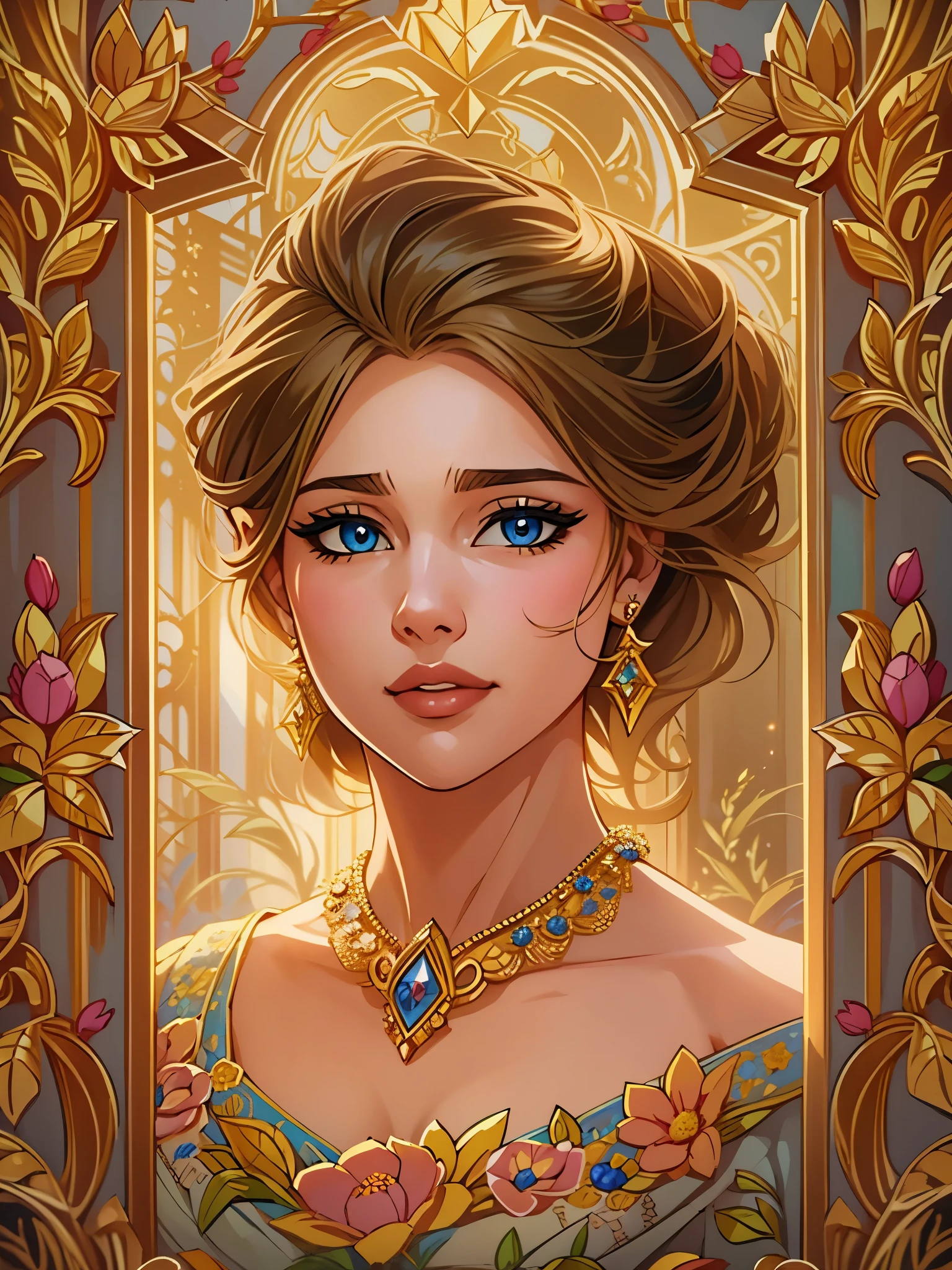 a beautiful young girl in an elegant painting frame, princess wearing a gorgeous dress, beautiful detailed eyes, beautiful detailed lips, extremely detailed face and features, long eyelashes, delicate facial expression, flowing hair, intricate floral patterns, ornate golden frame, soft lighting, warm color palette, ultra-detailed, 8k, masterpiece, digital art, portrait, cinematic lighting