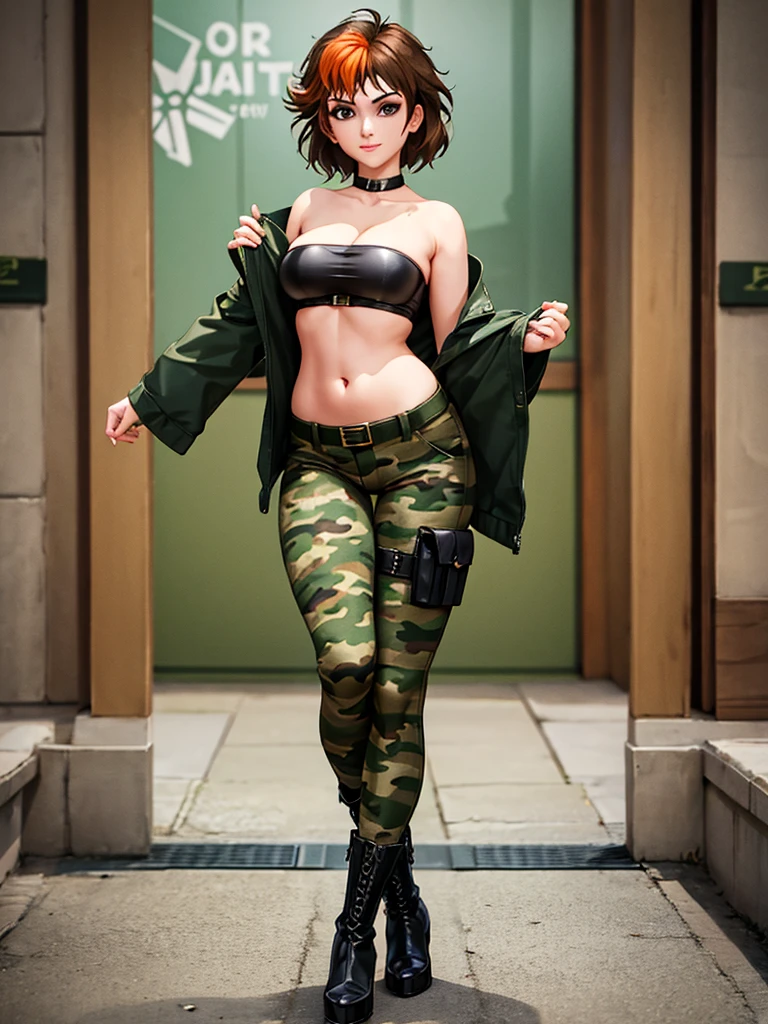 merula, full body, thighs, boots high heels, solo girl, medium tits, military camouflage pants, belly, top strapless