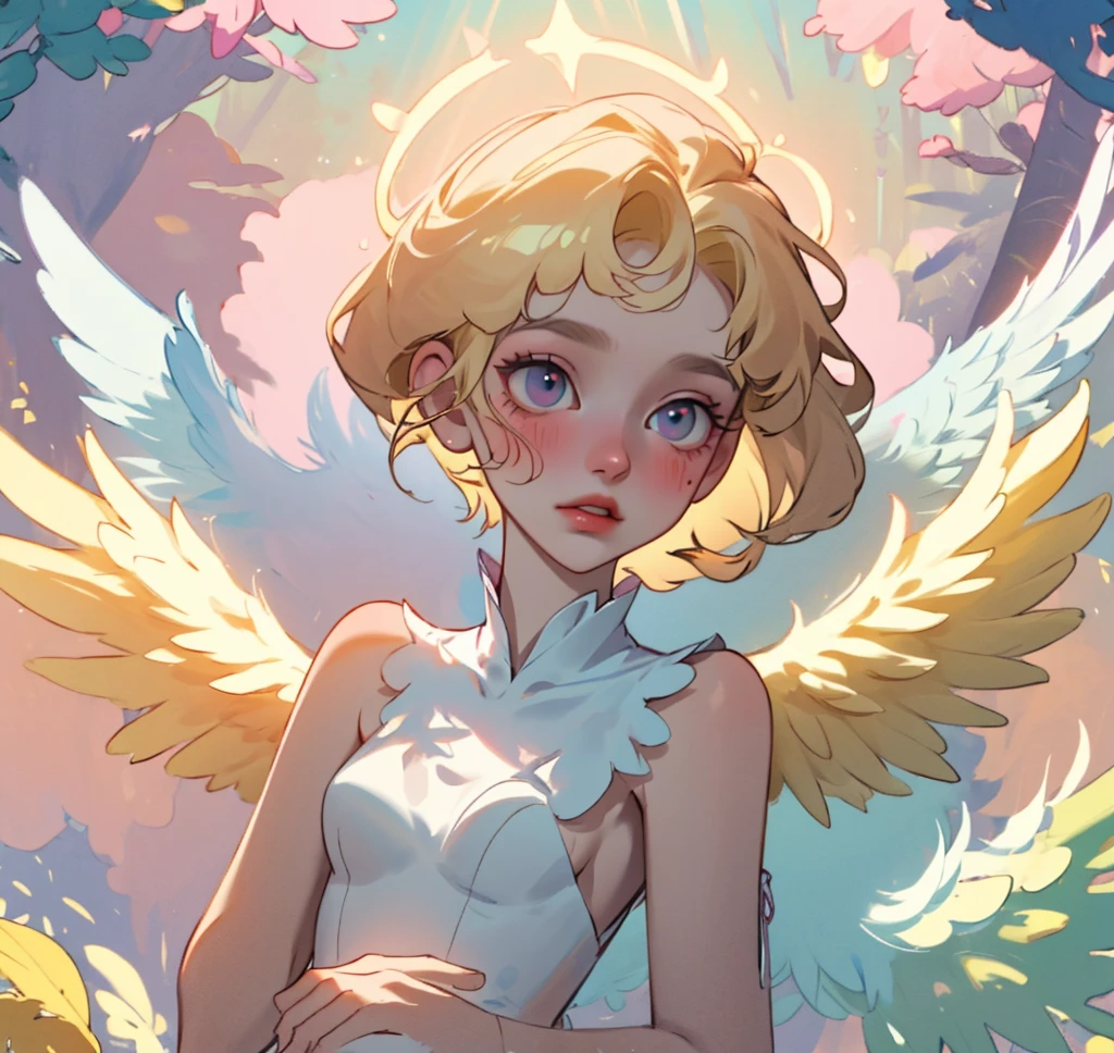 (High quality) (best quality) (A woman) (correct physiognomy) woman, long blonde hair with bangs on her forehead, four small angel wings emerge from her head, two on the left side and two on the right side, two wings of angel emerging from her back, a golden halo behind her head, golden eyes, sensitive lips, feminine appearance, soft facial features, thin eyebrows, soft skin, slightly blushed cheeks, pink lips, silky eyelashes, dreamy expression, middle age , white dress with straps on the shoulders, skirt cut diagonally leaving one leg exposed, location of the photo the woman must be in the middle of the forest, photo illuminated by sunlight, full body proportion, showing in the photo the body from head to torso