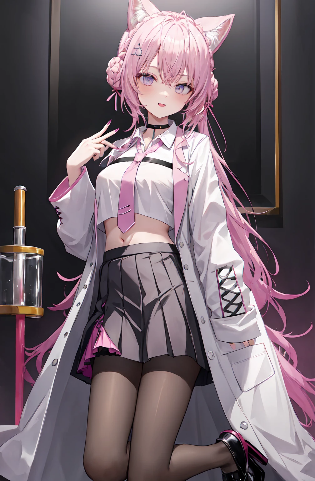 long hair, hair bun, double bun, braided bun, crown braid, hexagon, choker, black choker, necktie, pink necktie, shirt, white shirt, collared shirt, crop top, crop top overhang, fingernails, nail polish, pink nails, watch, pocket watch, midriff, navel, belt, skirt, miniskirt, black skirt, pleated skirt, frills, frilled skirt, test tube, pantyhose, black pantyhose, thigh strap, shoes, black footwear, high heels, coat, labcoat, white coat, open coat, open clothes, long sleeves, sleeves past wrists, pocket, smile, laboratory,:d