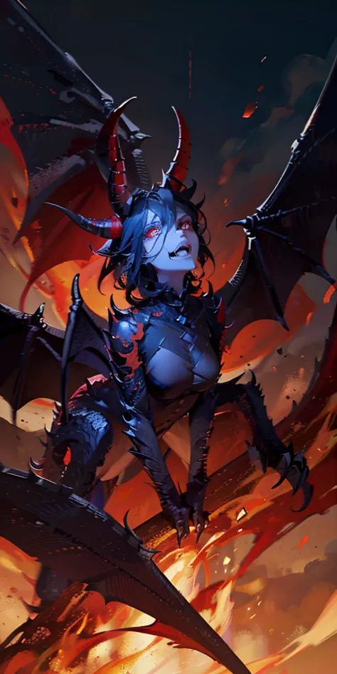 A black and red dragon with 4 horns on its head, spreading its wings, looking formidable and fierce. 
