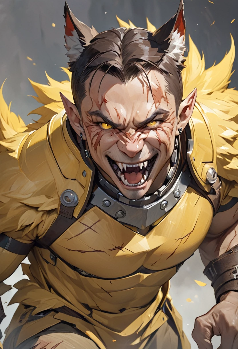 masterpiece, Best quality, A high resolution, fantasy, adult man person, shows sharp fangs and grins, brunette with short hair and shaved temples, with wolf brown ears, with scars on the body and face, with yellow wolf eyes