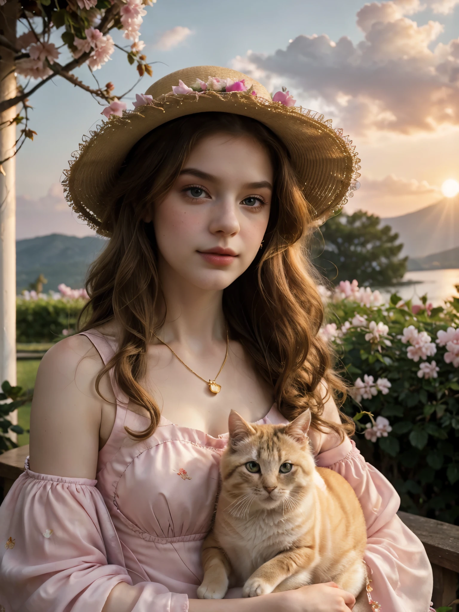 Masterpiece, Best quality, high resolution, realistic , hyperrealism , lifelike photography ,1950s, portrait position, alluring beautiful full body shot, (curly blondish brunette long hair, blue cat-shaped eyes), white skin with freckles, beautiful pink flower hat, beautiful period dress with flower embroidery and details , beautiful golden  necklaces & bracelets, elegant bearing, beautiful landscape background of a rose & lilac & orchid garden, high budget , beautiful mesmerizing face and small nose, long and curly sparkling hair , holding a beautiful orange stray cat , clivage , sunset , pink clouds , yellowish red rays at the horizon, elegant posing,