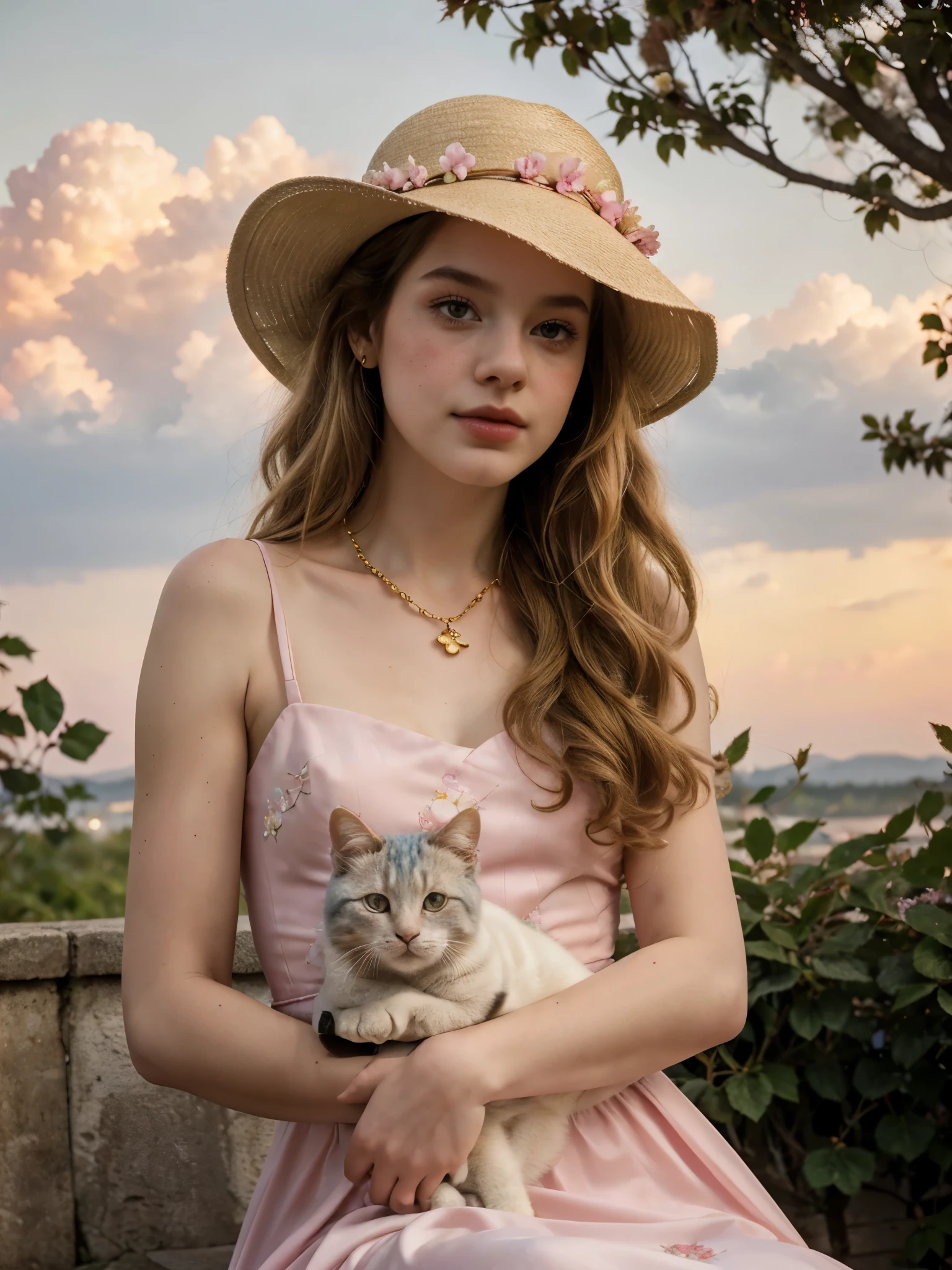 Masterpiece, Best quality, high resolution, realistic , hyperrealism , lifelike photography ,1950s, portrait position, alluring beautiful full body shot, (curly blondish brunette long hair, blue cat-shaped eyes), white skin with freckles, beautiful pink flower hat, beautiful period dress with flower embroidery and details , beautiful golden  necklaces & bracelets, elegant bearing, beautiful landscape background of a rose & lilac & orchid garden, high budget , beautiful mesmerizing face and small nose, long and curly sparkling hair , holding a beautiful orange stray cat , clivage , sunset , pink clouds , yellowish red rays at the horizon, elegant posing, beautiful legs, fit body