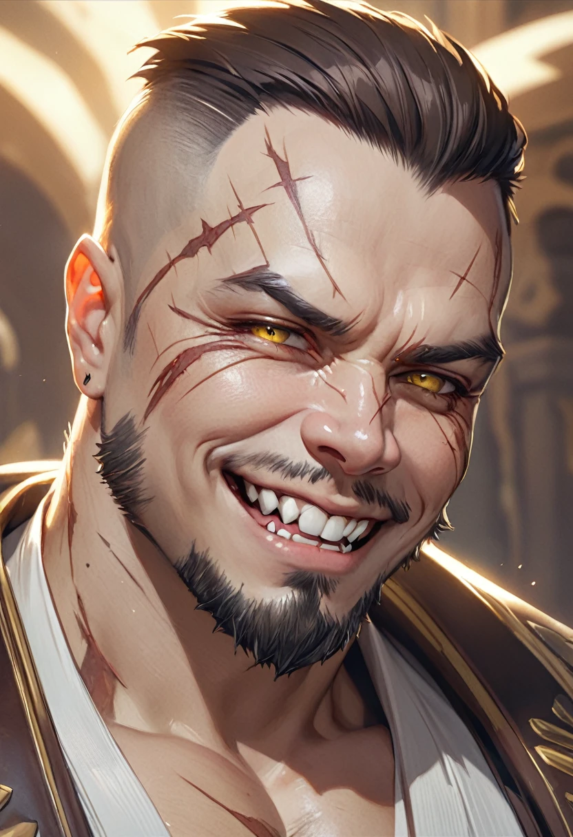 masterpiece, Best quality, A high resolution, fantasy, adult man person, shows sharp fangs and grins, brunette with short hair and shaved temples, with scars on the body and face, with yellow eyes with a vertical pupil, with a goatee, but without a mustache, thin