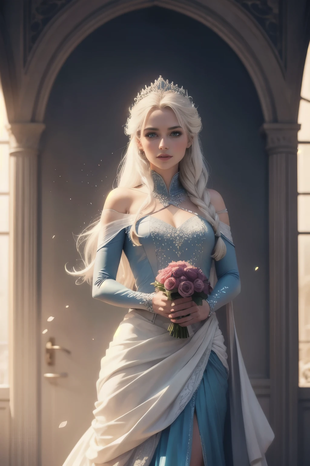 ((film grain, hips, light particles ,dust, Extreme camera angle)),Beautiful, detailed, full-length drawing of the Snow Queen Elsa, holding a frozen red rose bud in her hands, detailed facial features, piercing blue eyes, Delicate facial features, elegant snow-white dress, flowing platinum blonde hair, intricate details of snow and ice crystals, photorealistic, super detailed, Award-winning digital art, Cinematic lighting, dramatic atmosphere, bright colors, fantasy, masterpiece