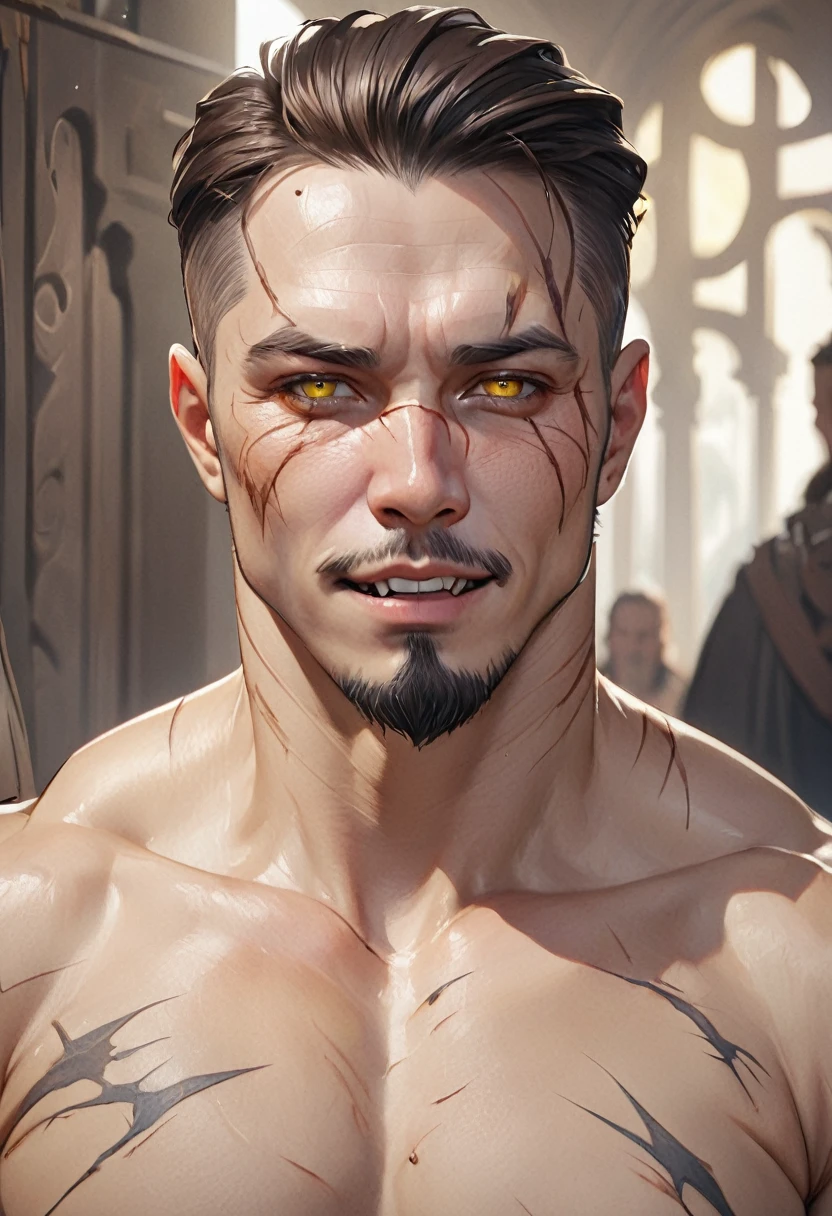 masterpiece, Best quality, A high resolution, fantasy, adult man person thin, shows sharp fangs, brunette with short hair and shaved temples, with scars on the body and face, with yellow eyes with a vertical pupil, with a goatee, but without a mustache