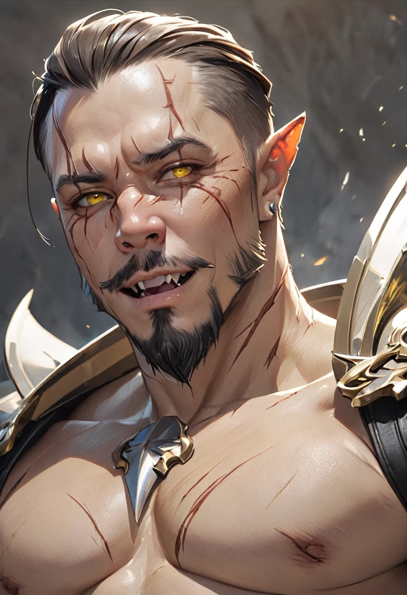 masterpiece, Best quality, A high resolution, fantasy, adult man person thin, shows sharp fangs, brunette with short hair and shaved temples, with scars on the body and face, with yellow eyes with a vertical pupil, with a goatee, but without a mustache