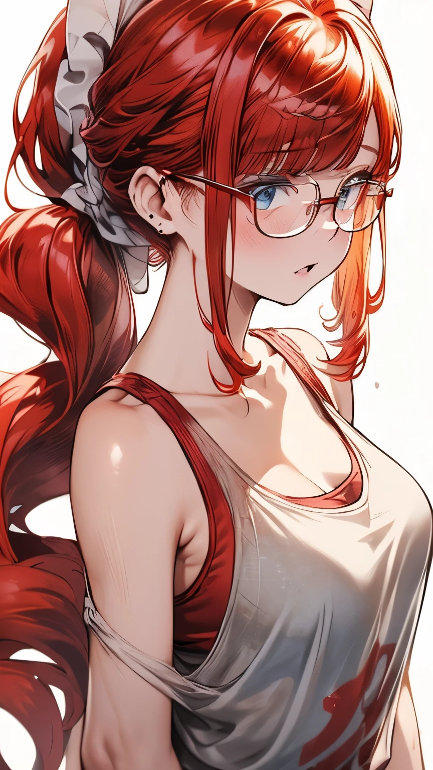 1 female, red hair, ,((impatient look)),beautiful breasts,thin white tank top,good style,,(facing the front)(((cheeks turn red、surprised expression)),(((low ponytail))),((( upper body portrait)))frameless glasses,blue eyes,(((The bangs are even)))((See-through))sexy bra(wet state)