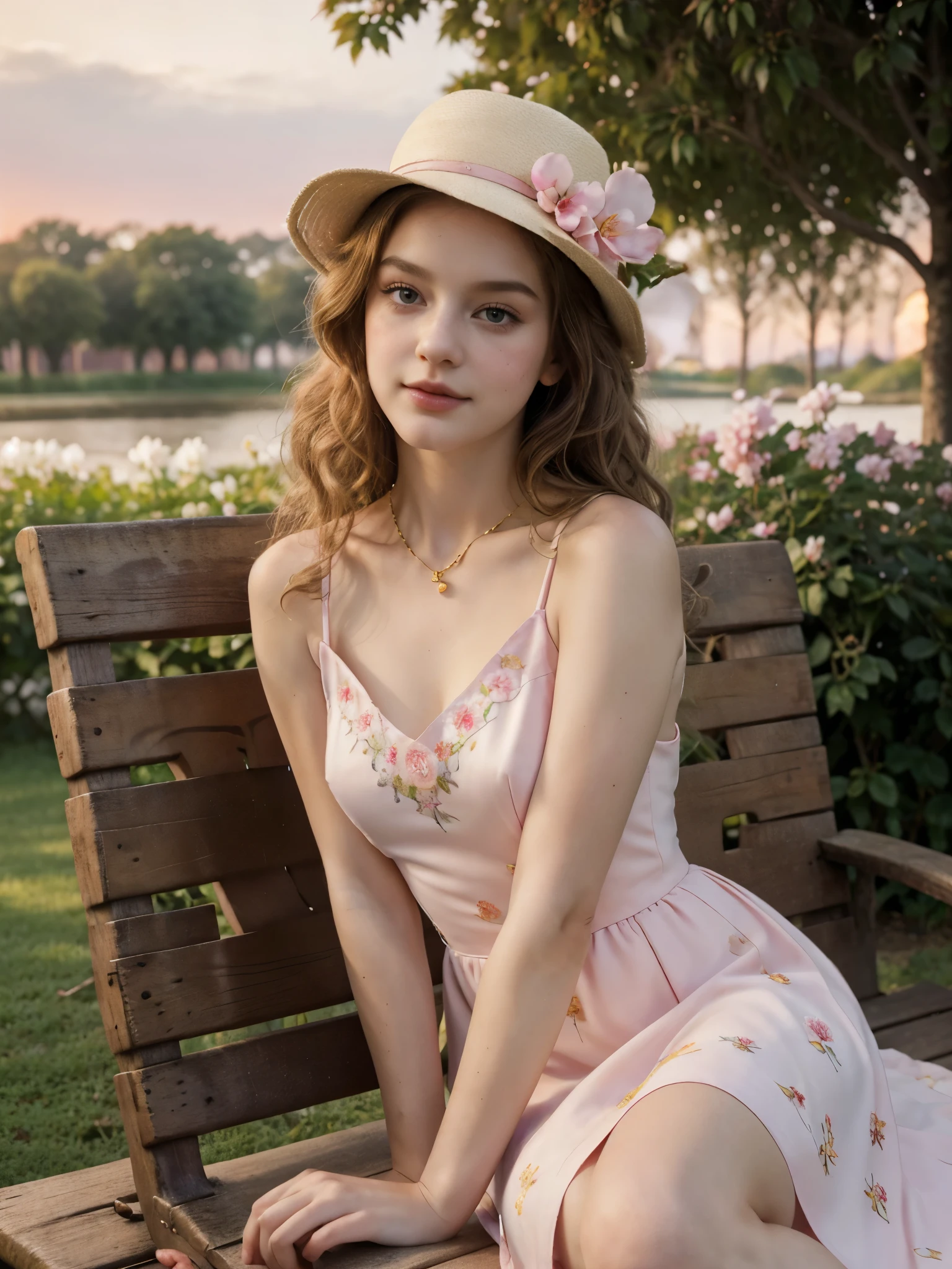 Masterpiece, Best quality, high resolution, realistic , hyperrealism , lifelike photography ,1950s, portrait position, alluring beautiful full body shot, (curly blondish brunette long hair, blue cat-shaped eyes), white skin with freckles, beautiful pink flower hat, beautiful period dress with flower embroidery and details , beautiful golden  necklaces & bracelets, elegant bearing, beautiful landscape background of a rose & lilac & orchid garden, high budget , beautiful mesmerizing face and small nose, long and curly sparkling hair , holding a beautiful orange stray cat , clivage , sunset , pink clouds , yellowish red rays at the horizon, elegant posing, beautiful legs, fit body, gorgeous Russian woman sitting on a park bench