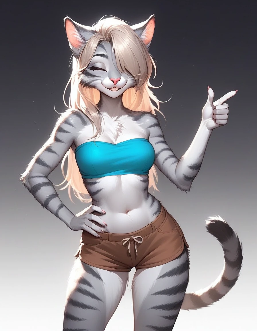 Solo, score_9,score_8_up,score_7_up, source_cartoon, source_furry, Kat, Anthro furry feline girl, tall body, hourglass figure, adult female, closed eyes, :3, snout, pink nose, silver furry body, grey tabby cat stripes, long blonde hair, hair covering one eye, standing up straight, big happy smile, giving you a thumbs up, other hand on hip, simple white background, wearing blue bandeau, brown short shorts, c cup sized chest, 