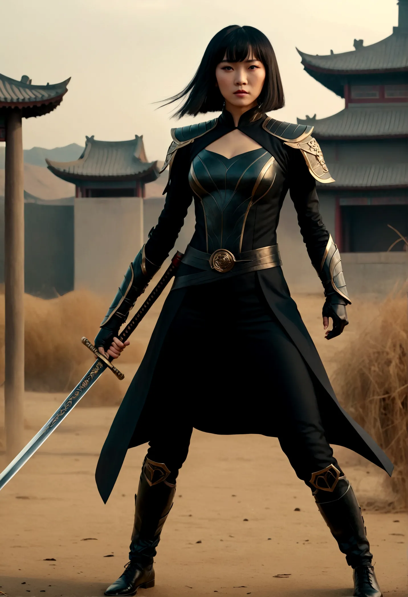 (masterpiece, top quality, best quality, beautiful chinese woman in a black suit, holding a chinese sword, full body cinematic s...