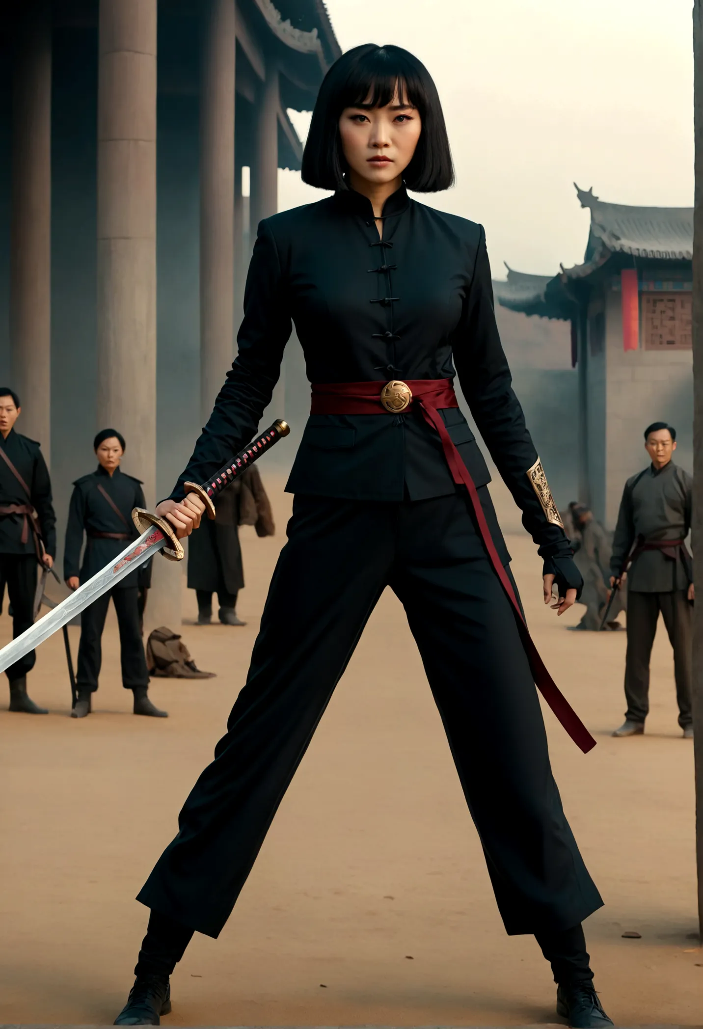 (masterpiece, top quality, best quality, beautiful chinese woman in a black suit, holding a chinese sword, full body cinematic s...