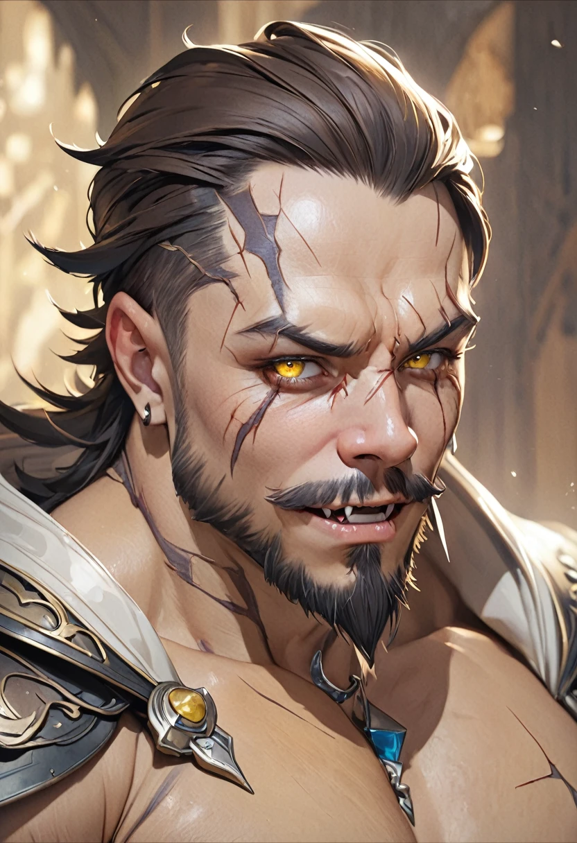 masterpiece, Best quality, A high resolution, fantasy, adult man person thin, shows sharp fangs, brunette with short hair and shaved temples, with scars on the body and face, with yellow eyes with a vertical pupil, with a goatee, but without a mustache