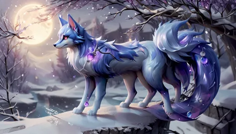 create an enchanting scene featuring a mystical kitsune with multiple tails. the kitsune should have a luxurious fur coat with a...