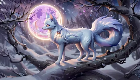 create an enchanting scene featuring a mystical kitsune with multiple tails. the kitsune should have a luxurious fur coat with a...