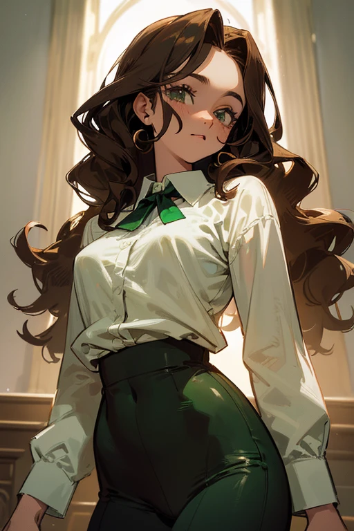 ((, Masterpiece: 1.5, best quality, high resolution: 1.3, super resolution, super detailed, ultra detailed: 1.3, Perfect Anatomy:1.5, 1 woman ) dark skin + long wavy brown hair + emerald green eyes + long eyelashes + feminine figure + medium chest + wide hips + dark circles + freckled cheeks (wide shirt, skin on her shoulders shown,) ((adorable open eyes, friendly cute expression))