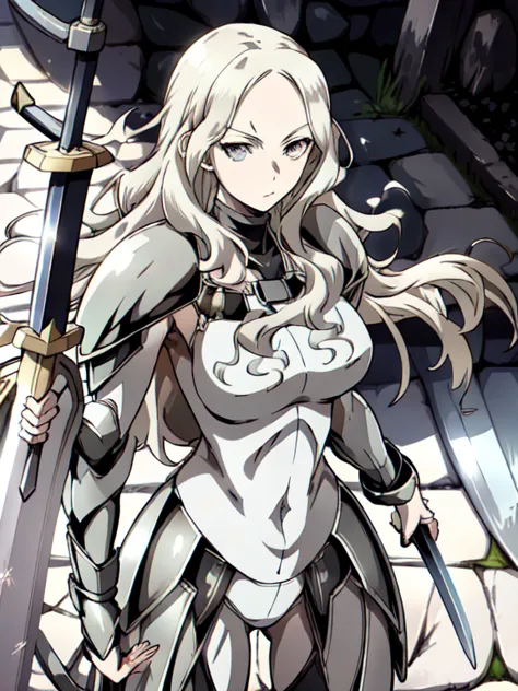 (grey eyes:1.2),fighting stance,(weapon, large_long_sword:1.2),bikini armor,bodysuit,dajianteresa,wavy hair,pale skin,looking at...