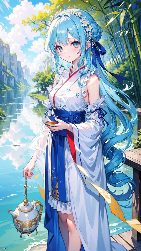 masterpiece, best quality, official art, 8k wallpaper, very detailed, illustration, 1 girl, sky blue hair, long hair, delicate e...