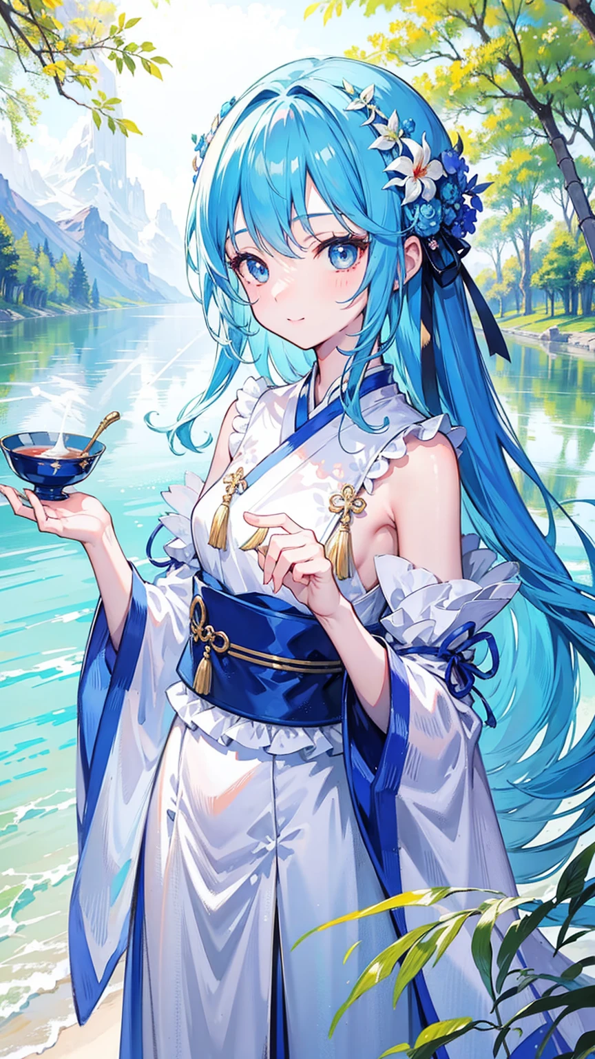 masterpiece, best quality, Official Art, 8k wallpaper, Very detailed, illustration, 1 girl, Sky blue hair, Long hair, Delicate eyes, Forrest Gump, Bare shoulders, hanfu, lake, pure, Gentle smile, bamboo, Tea