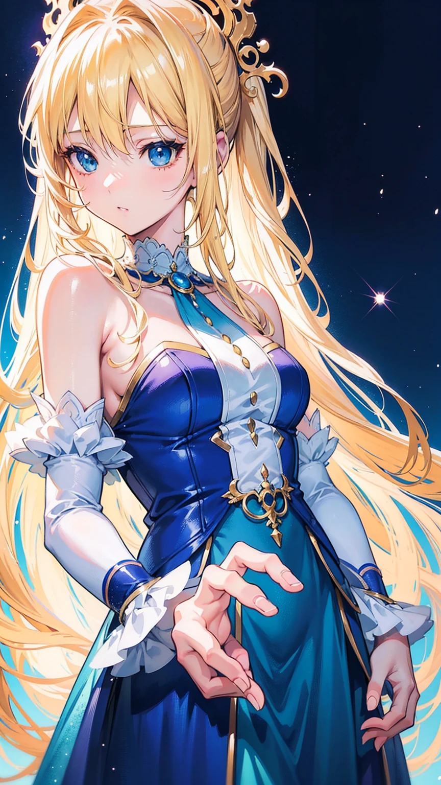 Blonde woman with long hair and blue dress posing for photo, Realistic anime art style, Realistic anime girl rendering, Smooth anime CG art, Anime realism style, realistic art style, Realistic young anime girl, Gorgeous numbers, Realistic anime 3D style, Beautiful anime portrait, realistic anime artstyle, Close-up portrait, 3D animation realistic, Anime style portrait