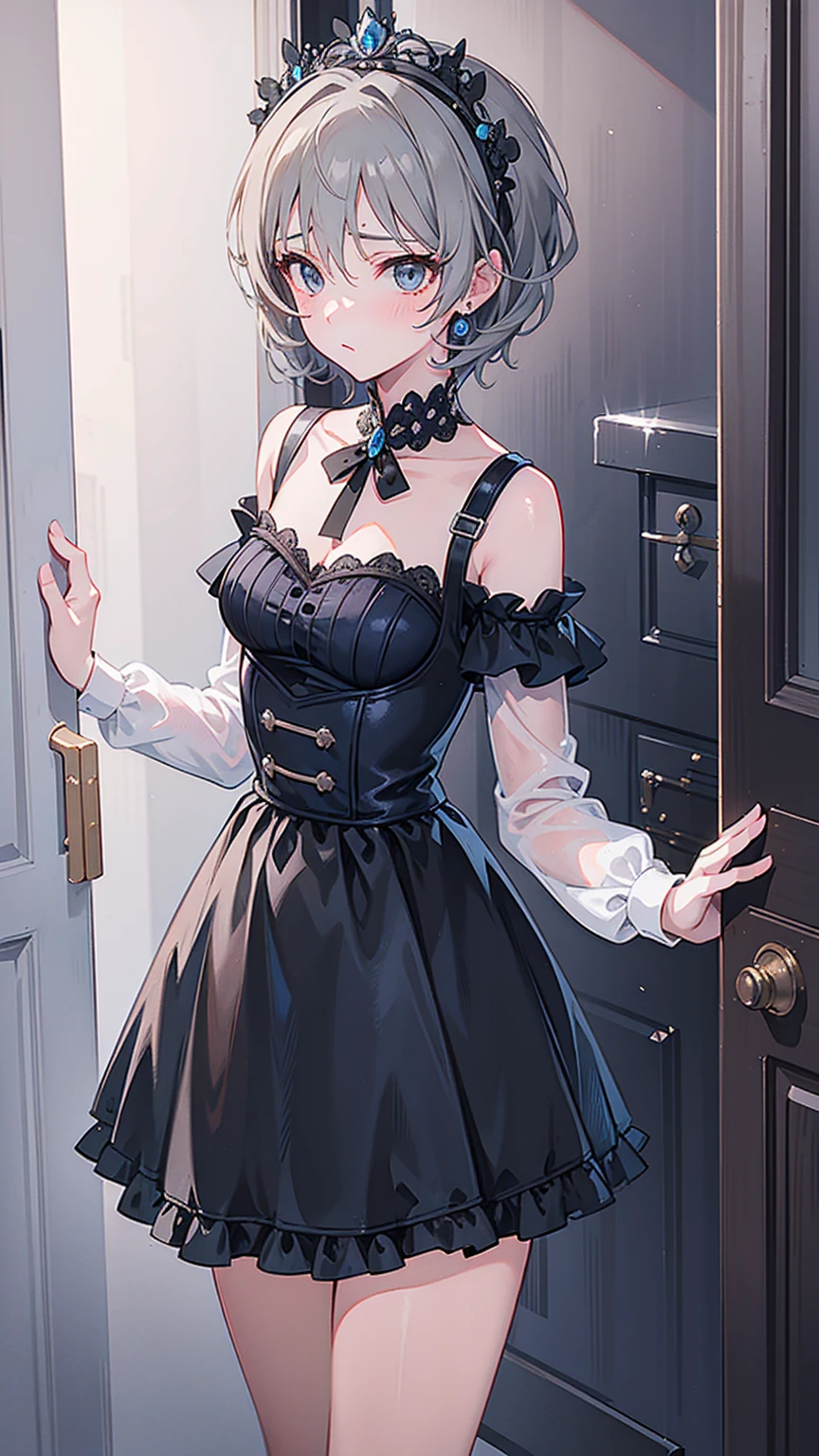 masterpiece, best quality, high resolution, 1 Girl, Solitary, Anastasia (The Idolmaster), The Idolmaster cinderella girls, blue eyes, short hair, Gray hair, Black skirt, Cowboy shooting, , Shut up, superior_Body,