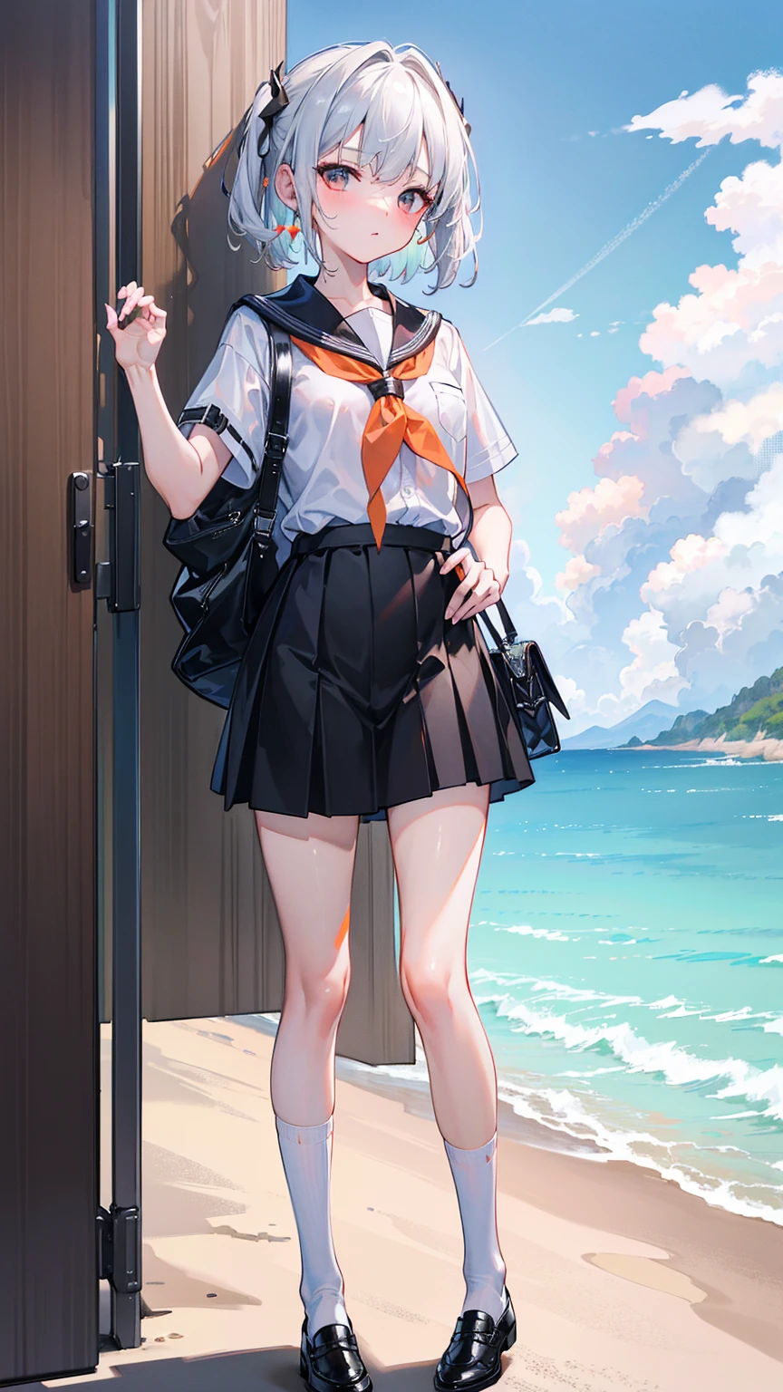 ((masterpiece)), ((best quality)), ((high resolution)), ((Extremely detailed CG unity 8k wallpaper)), Solitary, Orange, Tan school uniform, Black skirt, White socks, outdoor, Face, beach, Downy hair, Separated hair, Silver Hair