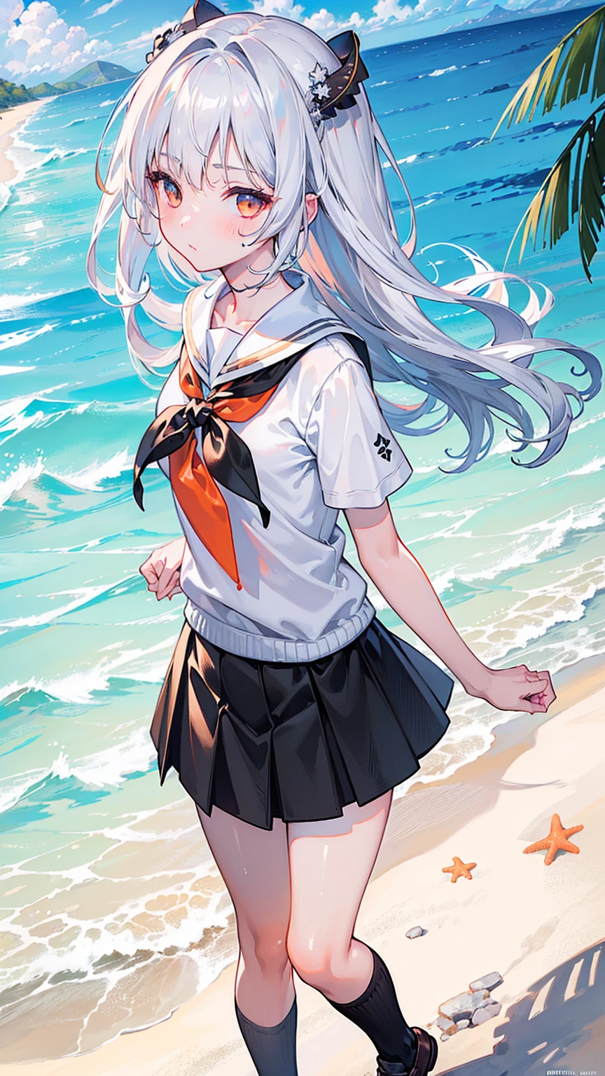 ((masterpiece)), ((best quality)), ((high resolution)), ((Extremely detailed CG unity 8k wallpaper)), Solitary, Orange, Tan school uniform, Black skirt, White socks, outdoor, Face, beach, Downy hair, Separated hair, Silver Hair