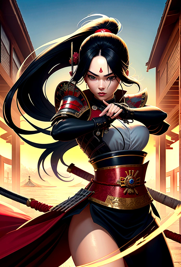 a picture of Japanese female samurai, she has long black hair, wearing samurai armor, armed with a katana, ready for battle, dynamic angle,, Japanese fantasy art, Japanese temple background, (Masterpiece: 1.5), 16k, highres, best quality, high details, ultra detailed, masterpiece, best quality, (extremely detailed), arafed, dnd art, 