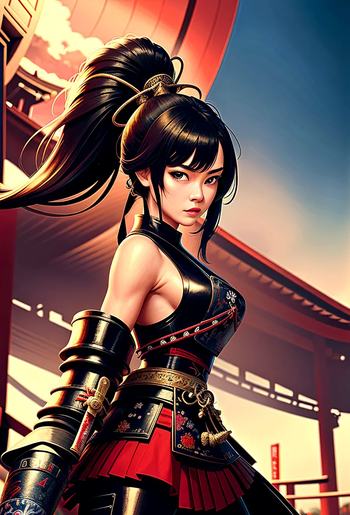 a picture of Japanese female samurai, she has long black hair, wearing samurai armor, armed with a katana, ready for battle, dyn...