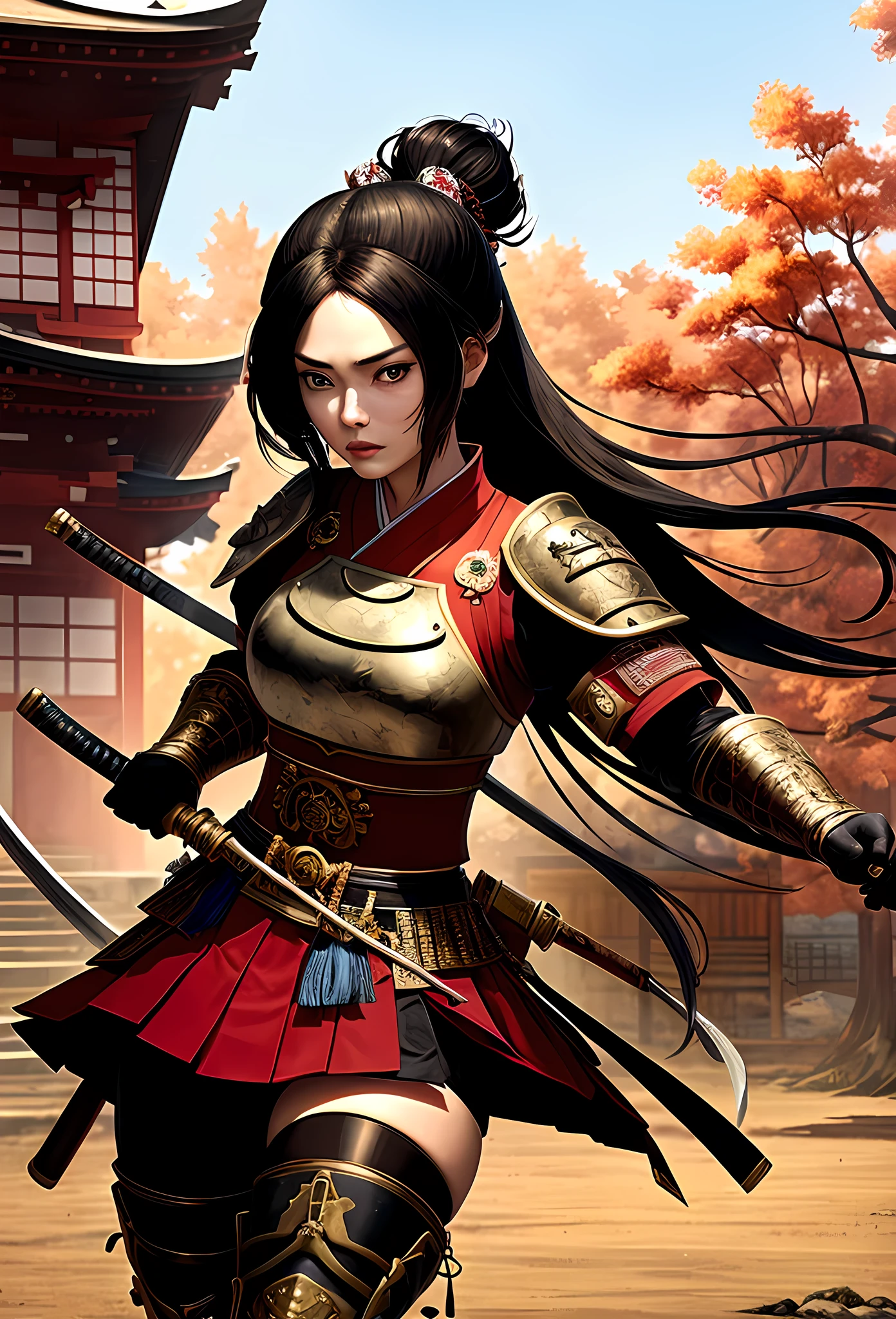une photo d&#39;une samouraï japonaise, elle a de longs cheveux noirs, porter une armure de samouraï, armé d&#39;un katana, prêt pour la bataille, angle dynamique,, Art fantastique japonais, Fond de temple japonais, (chef-d&#39;œuvre: 1.5), 16k, haute résolution, meilleure qualité, détails élevés, ultra détaillé, chef-d&#39;œuvre, meilleure qualité, (extrêmement détaillé), Arafed, art du mdn, 