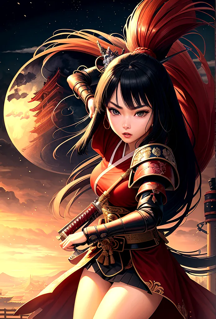 a picture of Japanese female samurai, she has long black hair, wearing niji armor, armed with a katana, ready for battle, dynami...