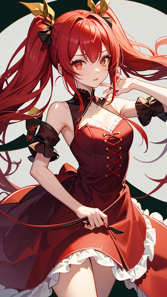 Ichika has straight scarlet hair that is tied into twin tails and tied with red ribbons and dark red gradient eyes. She wears a long emerald green zibeline dress, with a sweetheart neckline and origami sleeves.