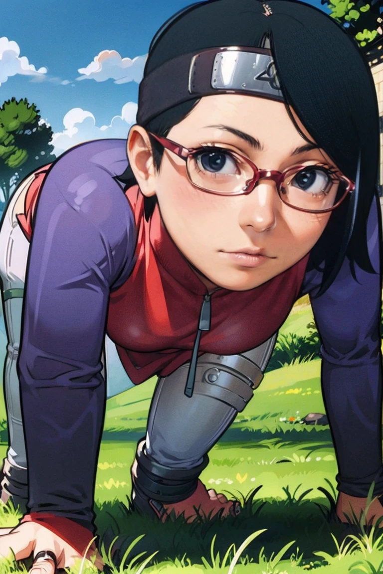 (Sarada Uchiha,short hair,black hair,glasses),full body picture Unreal Engine 5 8K UHD of beautiful girl, green Japanese style long hair, wearing futuristic black tight battle suit, half face mask, futuristic neck collar, grass green light details, best quality, masterpiece