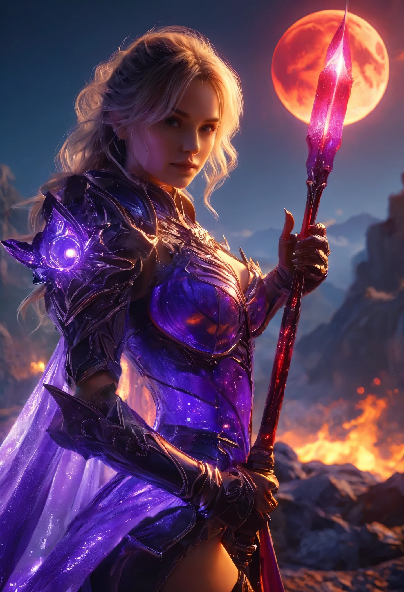 (best quality,4k,8k,highres,masterpiece:1.2),ultra-detailed,(Ultra-realistic, photorealistic,photo-realistic:1.37), Purple female knight, beautiful, Blood Moon, Ray Tracing, highest quality, super high quality, Absurd detailed, best Light, Best Shadow, sharp image, detailed, extremely detailed, Amazing resolution, Ultra-high resolution, Particle Effects, Beautiful Effects, Vibrant colors, neon Light, neon, Light, 