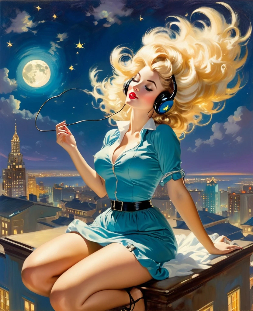 A Gil Elvgren pin-up style painting of a beautiful blonde woman with big messy hair,  floating on a cloud gracefully laying on the cloud, wearing headphones, with moon light, twinkling stars and stardust, vibrant and colorful, full body shot, looking down at a small city at night, cityscape 