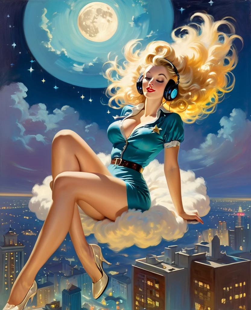 ภาพวาดสไตล์พินอัพของ Gil Elvgren ของหญิงสาวผมบลอนด์แสนสวยที่มีผมยุ่งใหญ่,  ลอยอยู่บนก้อนเมฆอย่างสง่างาม, การสวมหูฟัง, ด้วยแสงจันทร์, ดาวระยิบระยับและละอองดาว, มีชีวิตชีวาและมีสีสัน, ถ่ายทั้งตัว, มองลงไปที่เมืองเล็กๆ ในตอนกลางคืน, ทิวทัศน์ของเมือง 