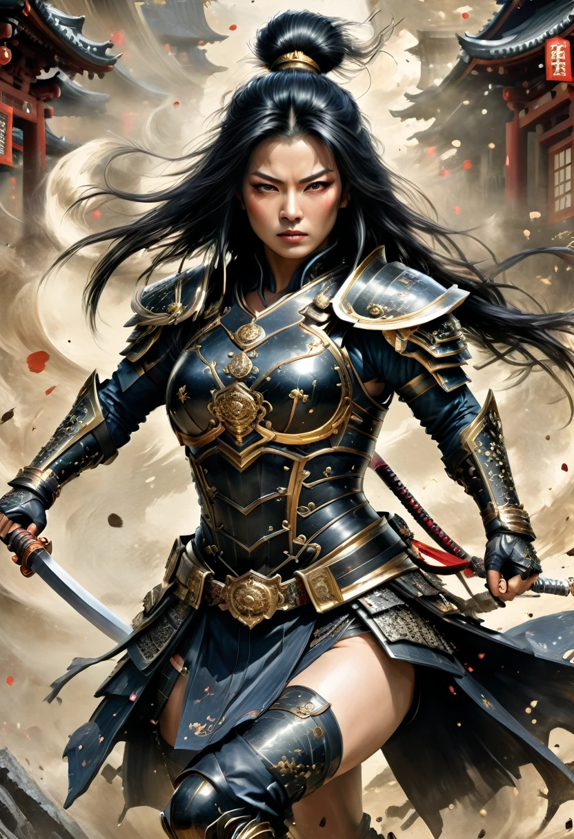 a picture of Japanese female samurai, she has long black hair, wearing niji armor, armed with a katana, ready for battle, dynamic angle,, Japanese fantasy art, Japanese temple background, (Masterpiece: 1.5), 16k, highres, best quality, high details, ultra detailed, masterpiece, best quality, (extremely detailed), arafed, dnd art, 